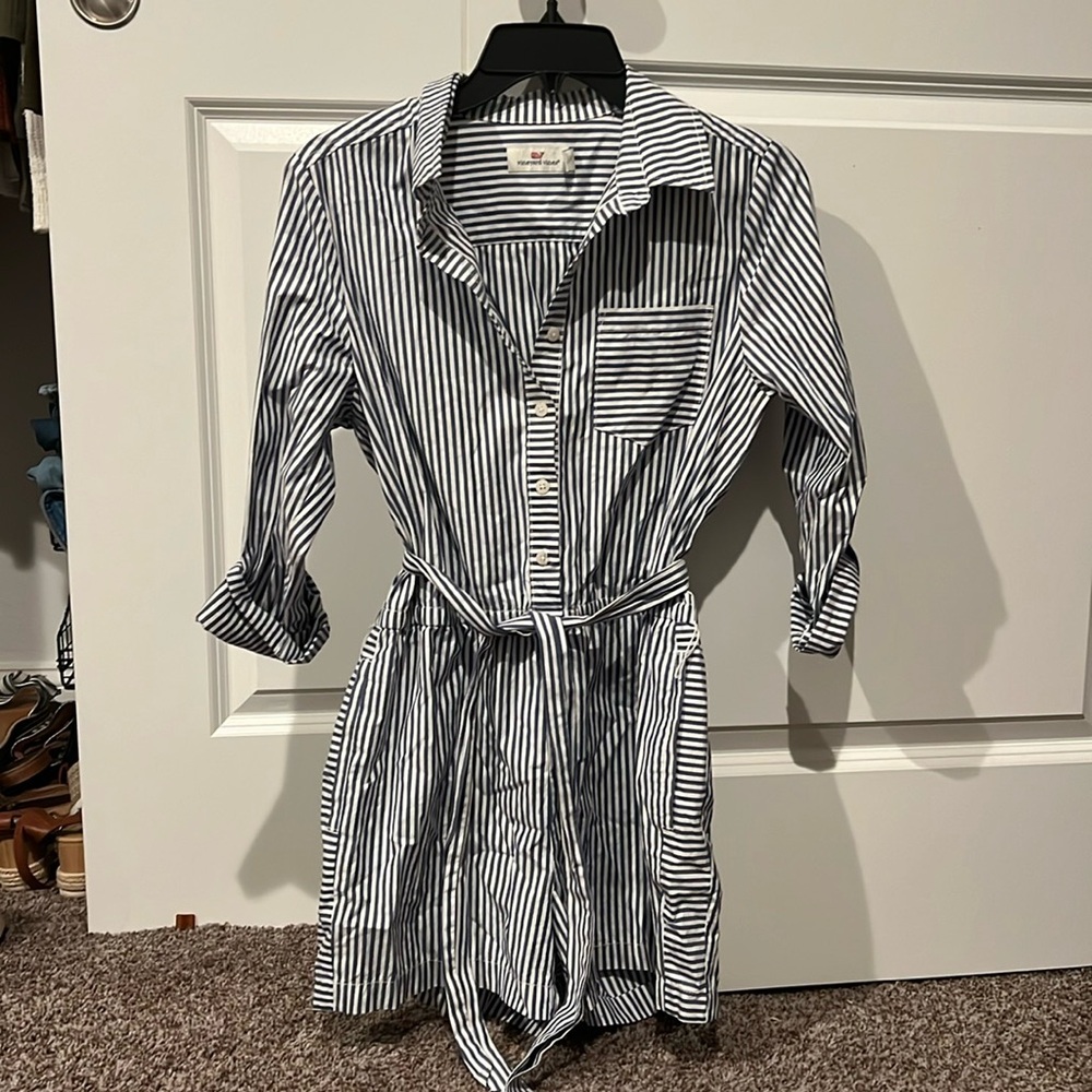 Vineyard vines blue striped button down romper (tie removable)
